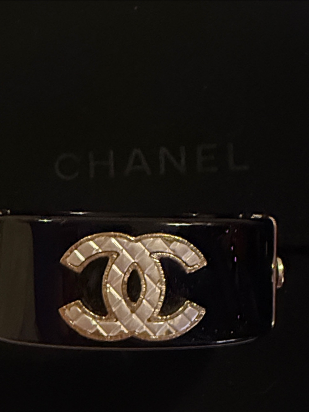 CHANEL Black RESLIN double cuff CC Emblem Bracelet with Gold Accents